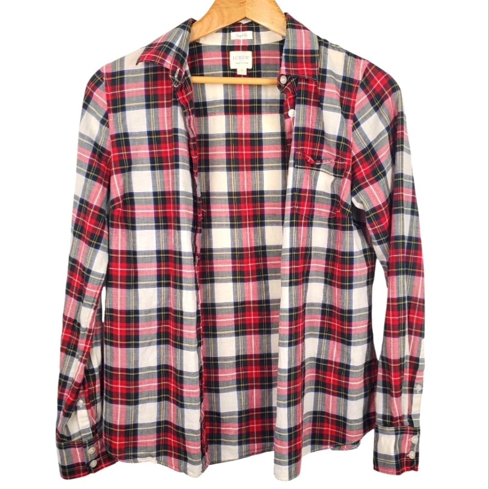 J. Crew Red and White Tartan Plaid Button Down Shirt. 100% Cotton. SM. A0008